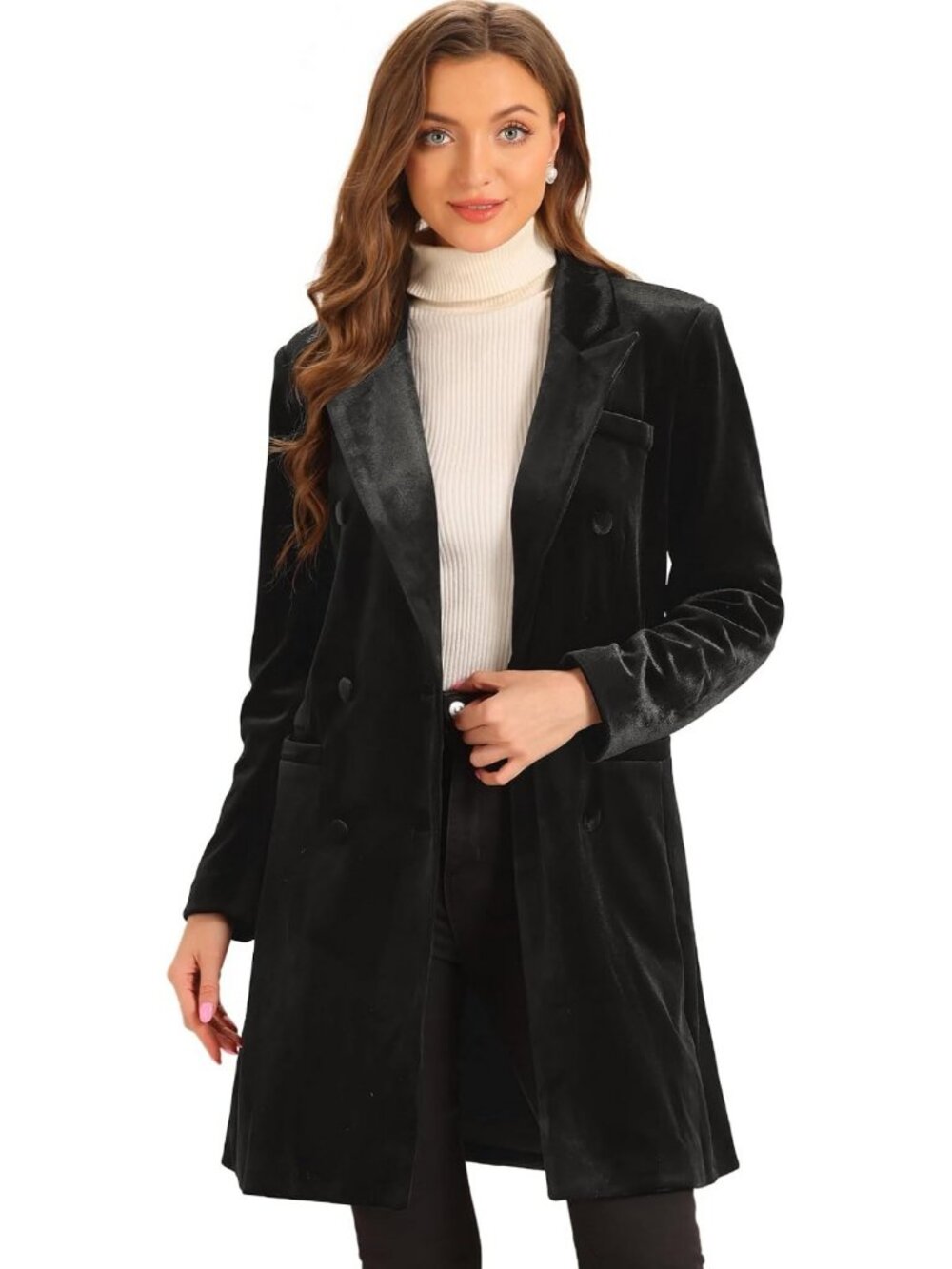 Chic Women's Winter Velvet Double-Breasted Long Coat with Lapel for Office Wear